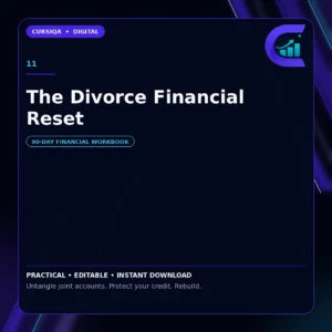 Square Cursiqa product cover for The Divorce Financial Reset, white title on a dark navy background with purple and cyan accents.