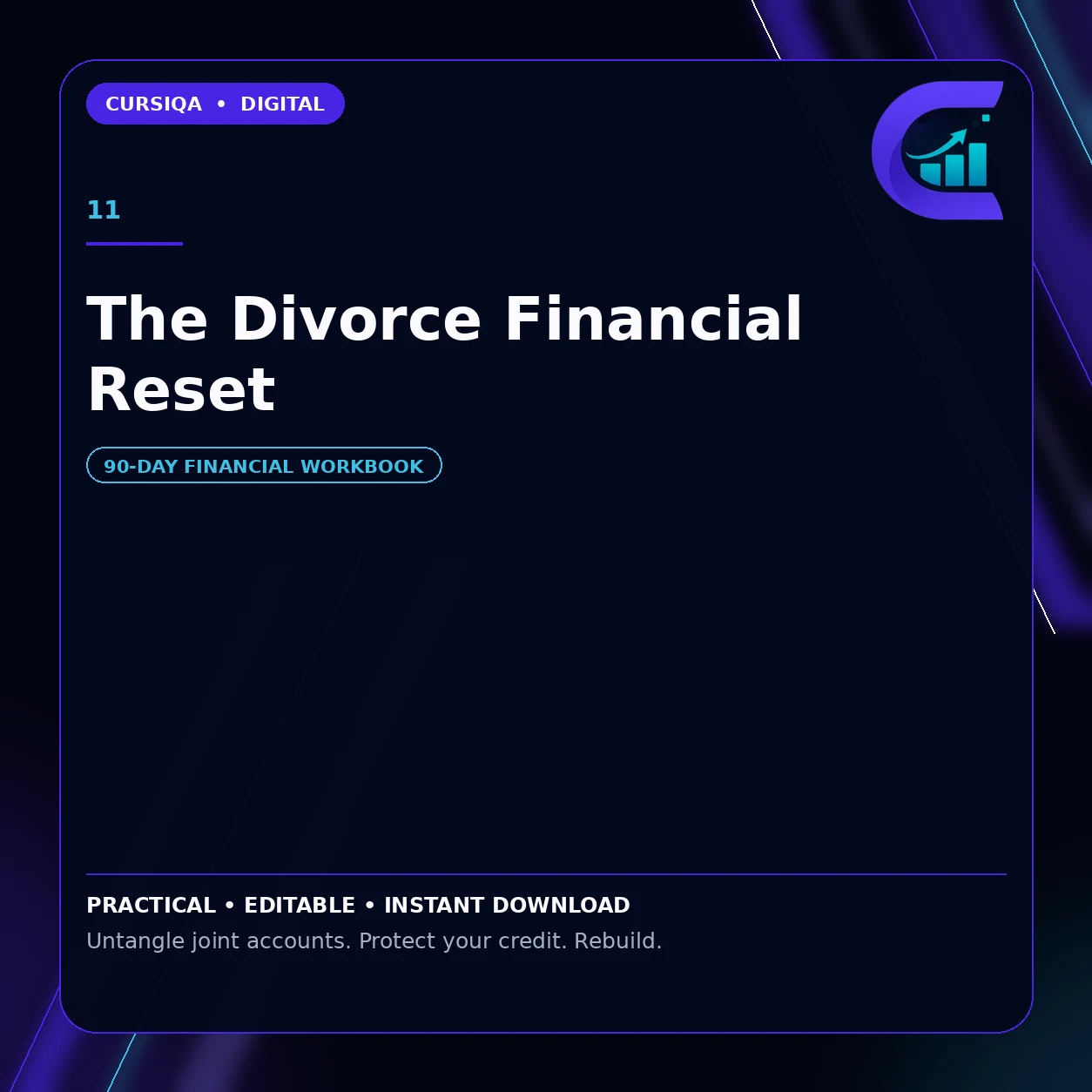 Square Cursiqa product cover for The Divorce Financial Reset, white title on a dark navy background with purple and cyan accents.