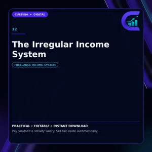 Square Cursiqa product cover for The Irregular Income System, white title on a dark navy background with purple and cyan accents.