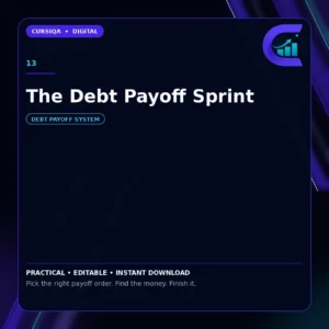 Square Cursiqa product cover for The Debt Payoff Sprint, white title on a dark navy background with purple and cyan accents.