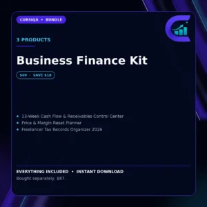 Cursiqa bundle cover for Business Finance Kit, listing the products included.