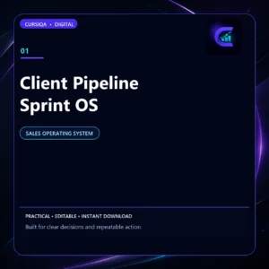 Square Cursiqa product cover for Client Pipeline Sprint OS, with a white title on a dark navy background and purple-cyan accents.