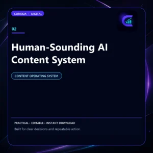 Square Cursiqa product cover for Human-Sounding AI Content System, with a white title on a dark navy background and purple-cyan accents.