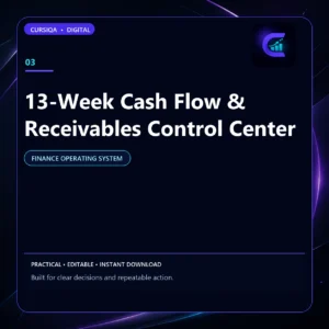 Square Cursiqa product cover for 13-Week Cash Flow & Receivables Control Center, with a white title on a dark navy background and purple-cyan accents.