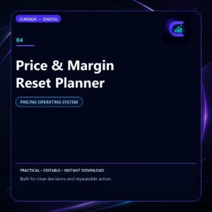 Square Cursiqa product cover for Price & Margin Reset Planner, with a white title on a dark navy background and purple-cyan accents.
