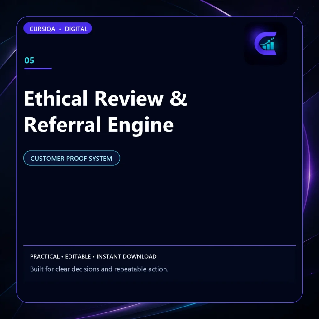 Square Cursiqa product cover for Ethical Review & Referral Engine, with a white title on a dark navy background and purple-cyan accents.