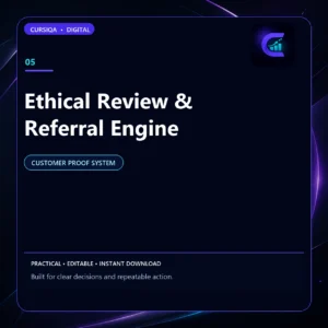 Square Cursiqa product cover for Ethical Review & Referral Engine, with a white title on a dark navy background and purple-cyan accents.