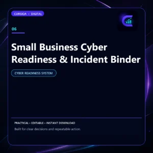 Square Cursiqa product cover for Small Business Cyber Readiness & Incident Binder, with a white title on a dark navy background and purple-cyan accents.