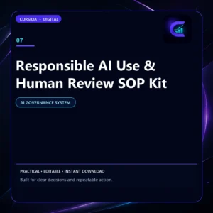 Square Cursiqa product cover for Responsible AI Use & Human Review SOP Kit, with a white title on a dark navy background and purple-cyan accents.