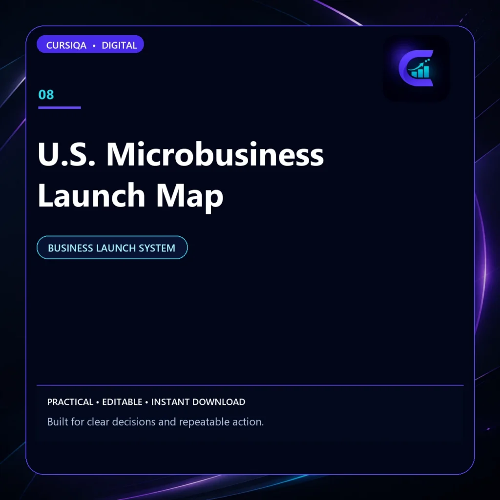 Square Cursiqa product cover for U.S. Microbusiness Launch Map, with a white title on a dark navy background and purple-cyan accents.