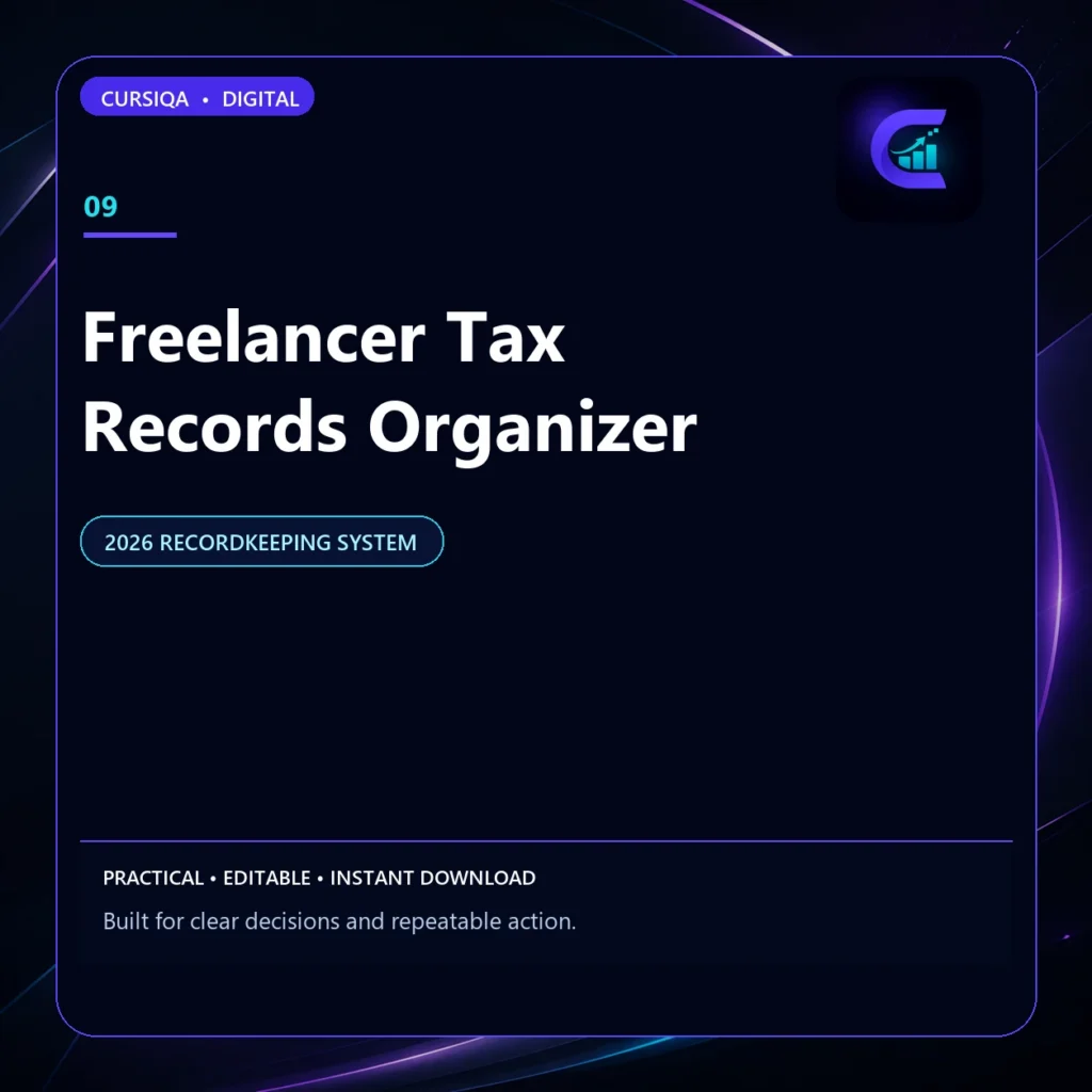 Square Cursiqa product cover for Freelancer Tax Records Organizer, with a white title on a dark navy background and purple-cyan accents.