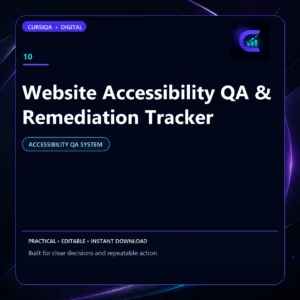 Square Cursiqa product cover for Website Accessibility QA & Remediation Tracker, with a white title on a dark navy background and purple-cyan accents.